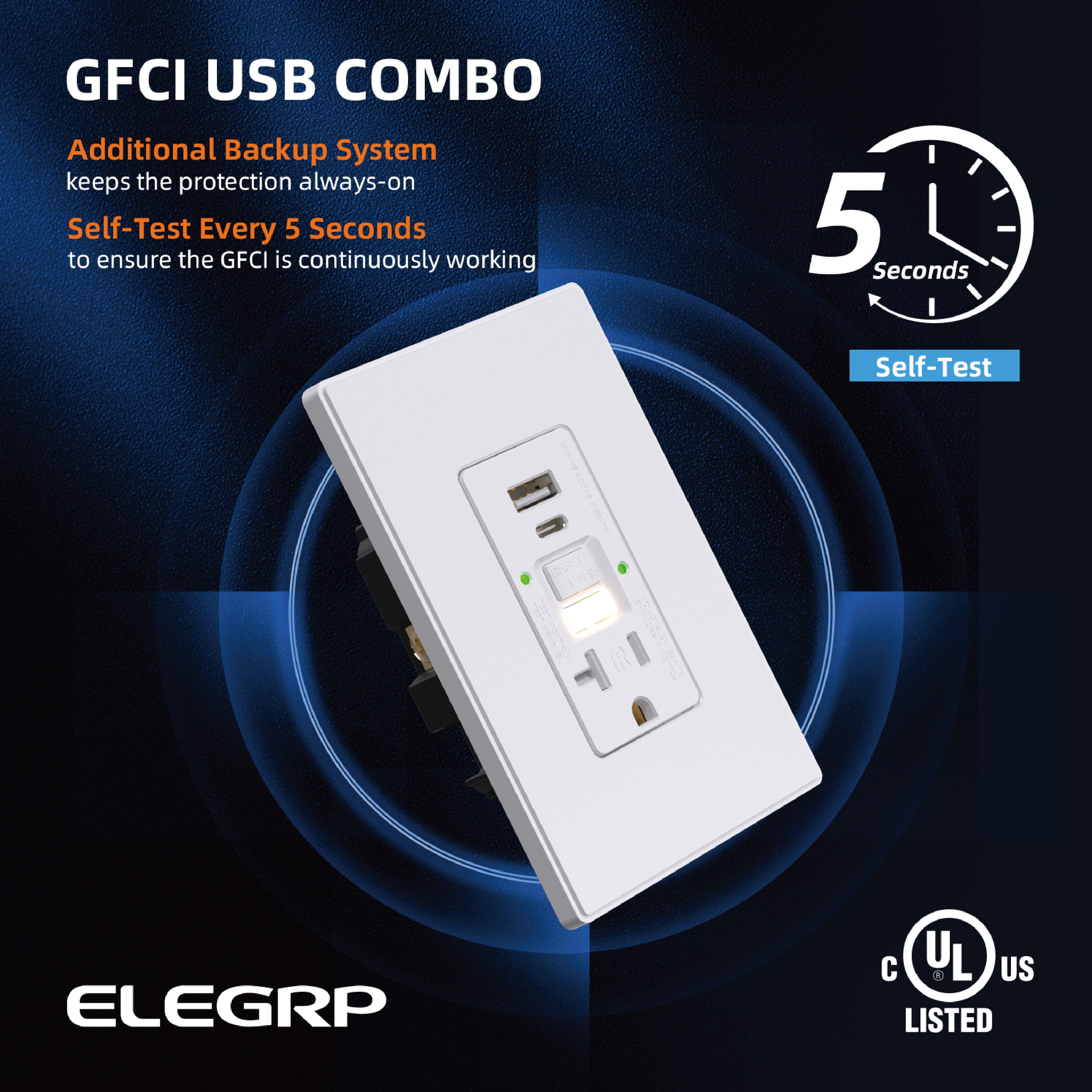 ELEGRP 20 Amp Tamper Resistant Self-Test GFCI Outlet with Night Light & 24W In-Wall USB Charger combo Receptacle, Type A & Type C, Midsize Screwless Wall Plate included, UL & CUL Listed, White, 1 pack