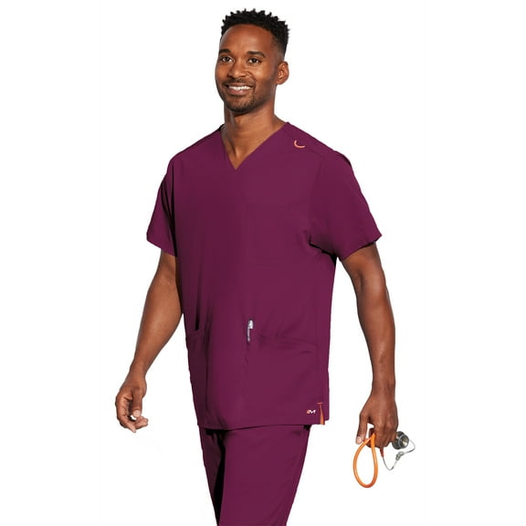 Motion By Barco MOT019 Men's Jake Five Pocket Lapover V-Neck Scrub Top Wine S