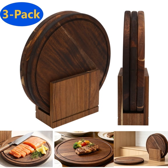 Qunbio 3-Piece Round Wooden Cutting Boards with Stand — Solid Wood Chopping Board Set for Kitchen, Cheese, Bread & Meat