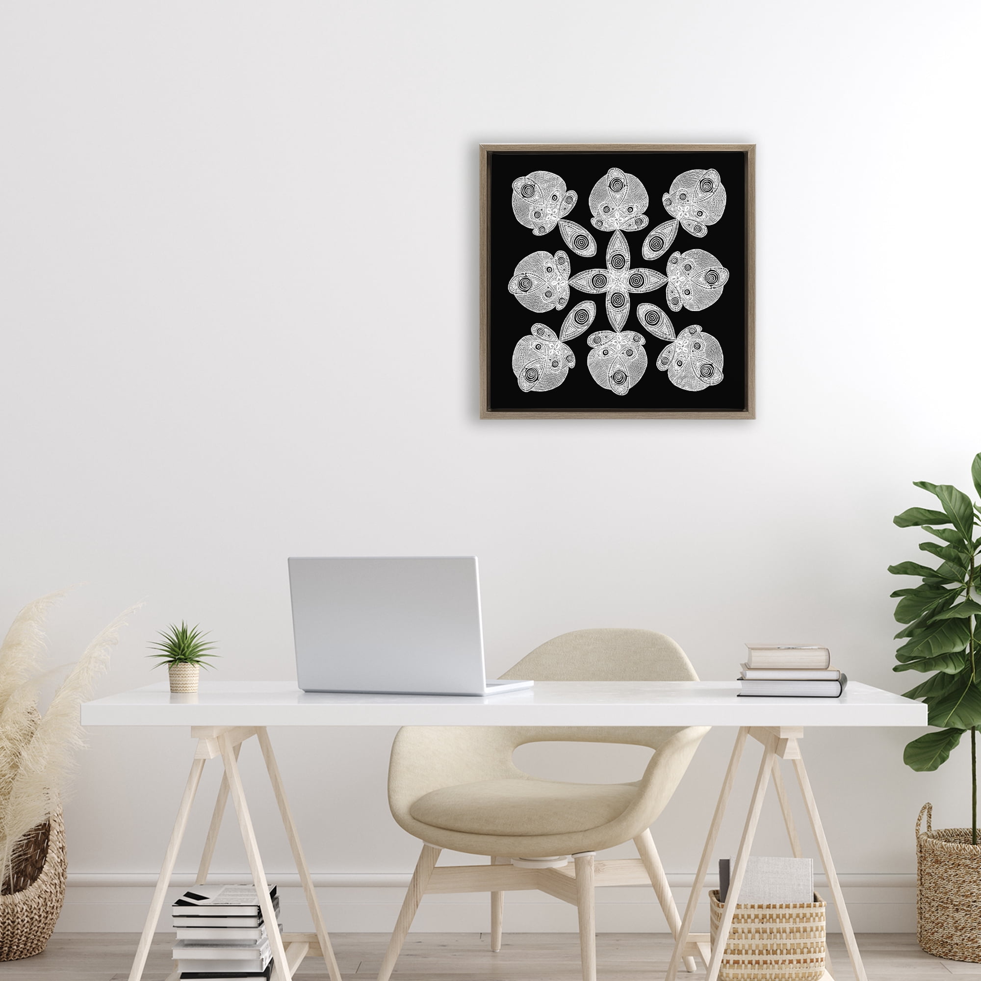 Stupell Industries Fractal Symmetry in Monochrome Brown Framed Floater Canvas Wall Art, design by El Perkin