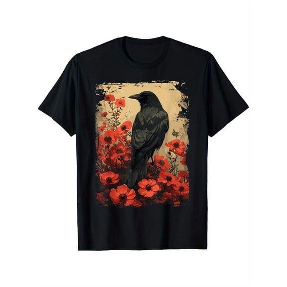 Men's Artistic Raven Crow Red Poppies Floral Graphic T-Shirt