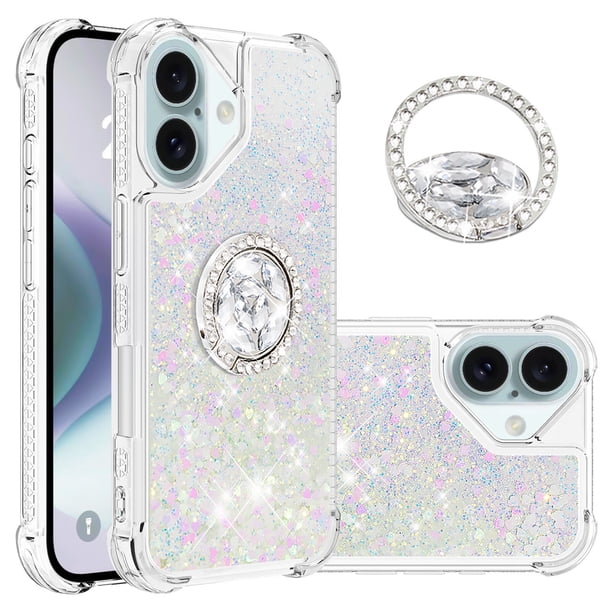 Funda para iPhone 16 Plus con Brillo Líquido Flotante, Purpurina, Parachoques y Anillo Giratorio Soporte
