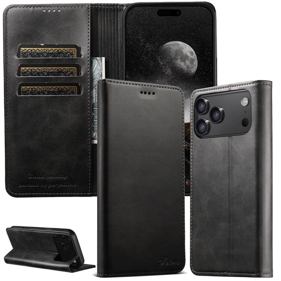 Poweltek Wallet Case for iPhone 17 Pro, Magnetic PU Leather Card Holder Cash Pocket Flip Stand Protective Cover, Black