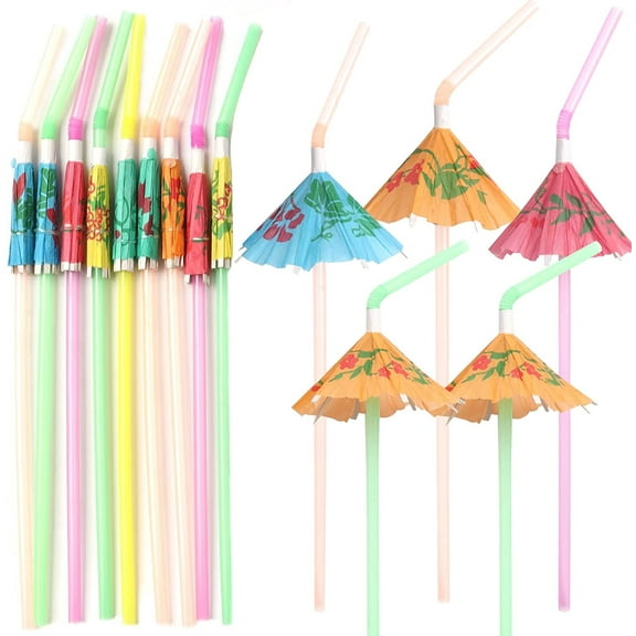 Casewin Umbrella Straws,Disposable Flexible Drinking Straws Parasol Straws for Luau Parties, Bars, Restaurants,Kitchen Supplies,Island Themed Party, 100 Pieces