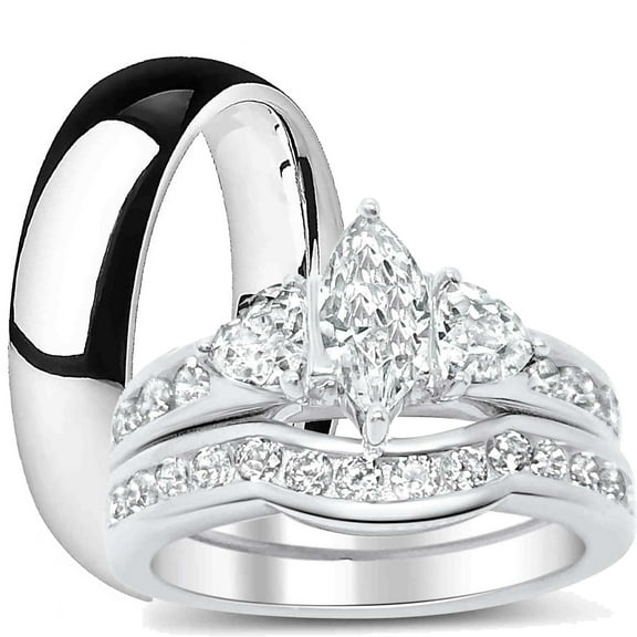 His and Hers Wedding Ring Set Matching Trio Wedding Bands for Him (Titanium) and Her (Sterling Silver)