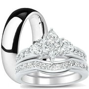 His and Hers Wedding Ring Set Matching Trio Wedding Bands for Him (Titanium) and Her (Sterling Silver)