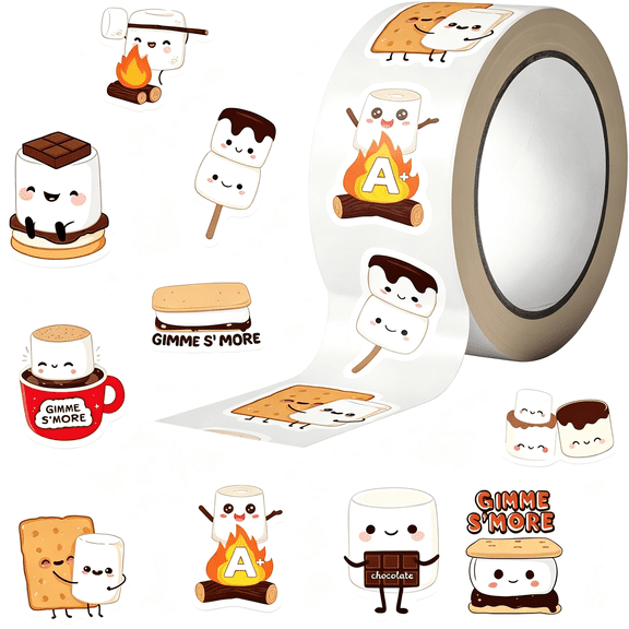 BESTSKY 500Pcs Cute Marshmallow Campfire Stickers Roll,1.1-2.3In Waterproof Vinyl Stickers for Scrapbooking,Water Bottles,Laptops,Party Decor(Smores Stickers