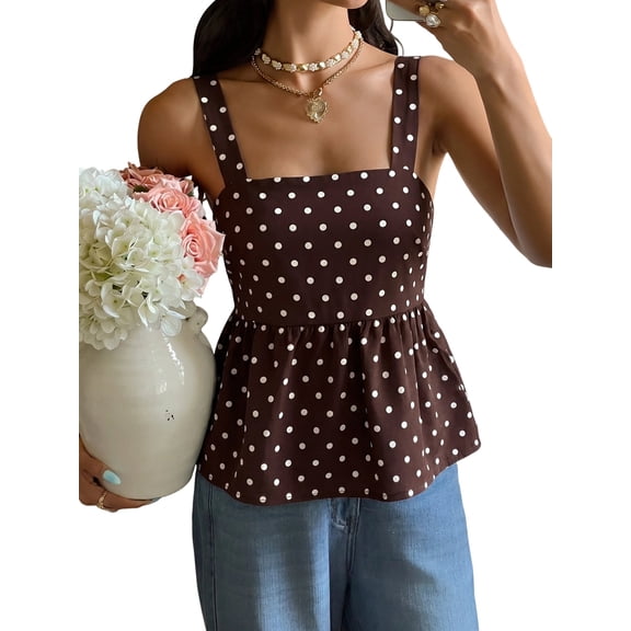 Women Polka Dot Sleeveless Tank Top Square Neck Back Tie A Line Peplum Casual Summer Blouse Coffee Brown S