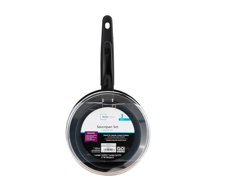 Mainstays 3-Piece Nonstick Sauce Pan Set, Black, 1 Qt & 2 Qt with Single Glass Lid