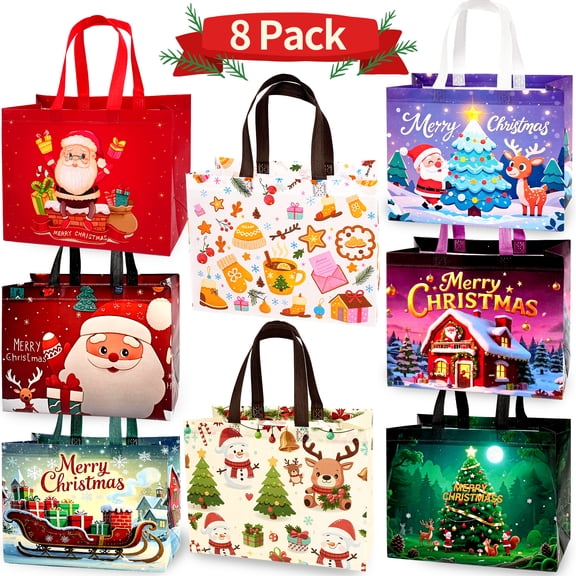 8Pcs Christmas Gift Bags with Handles, Multifunctional Reusable Non-Woven Treat Bags,for Xmas Gift Wrapping,12.79 x 6.69 x 9.84 inch