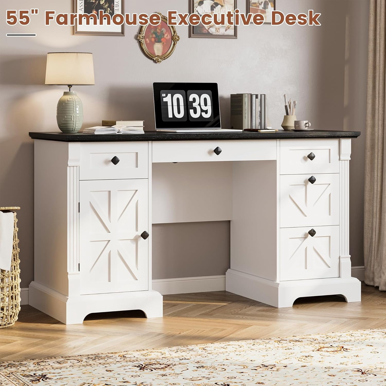 Frmobepts Farmhouse Executive Desk with Drawers, 55" Home Office Desks with Fast Charging Station, Wood Writing Computer Desk for Work, Study, White