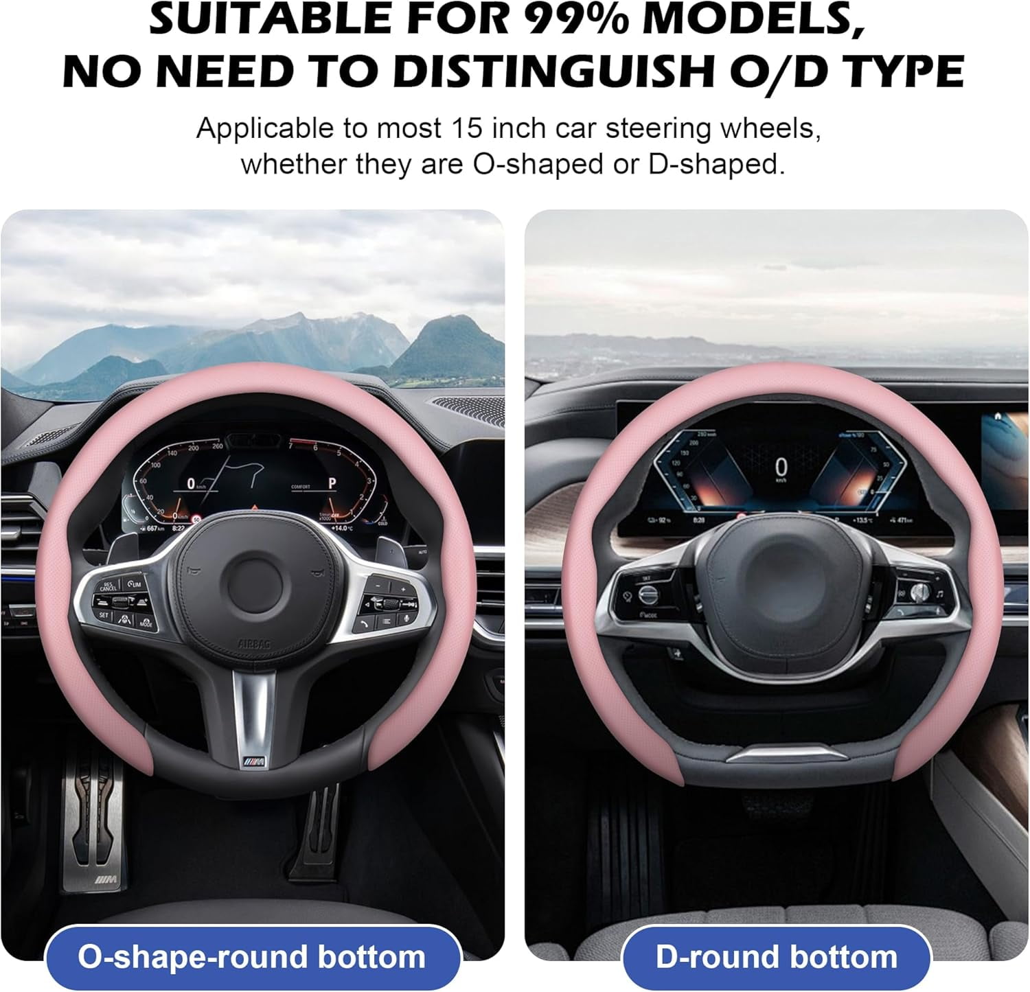 Pink Car Steering Wheel Cover Nappa Leather Non-Slip Clip on Breathable Universal fit 14½ to 15 inches Car Pickup SUV
