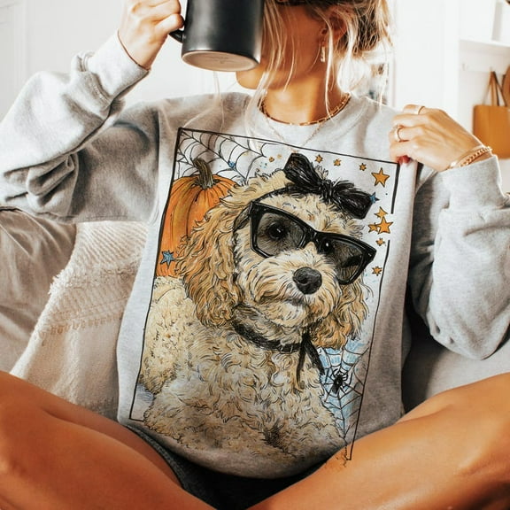 Spooky Cute poddle Halloween Sweatshirt,Halloween Sweatshirt,Poodle with Bow and Pumpkin Shirt, Glam Dog Shirt, Retro Coquette Fall TH040631