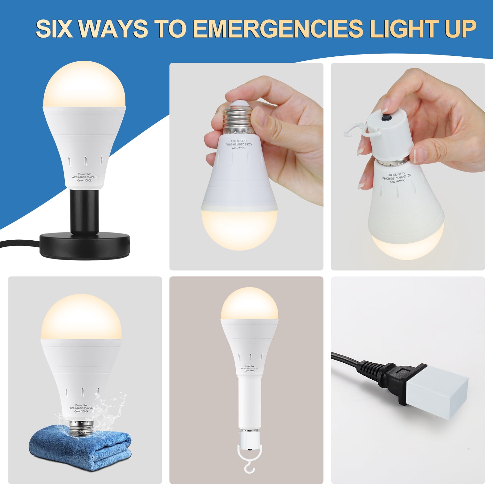 Emergency Rechargeable Light Bulb for Power Outages, 9W Warm White 3000K Self-charging Light Bulb 1200mAh Battery Backup Light Bulbs for Daily,Home Emergency,Outdoor Portable Use