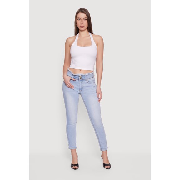Women's Three Button Frayed Waistband Rolled Cuff Skinny Jeans