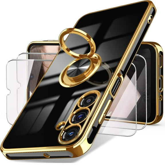 Dteck for Samsung Galaxy A16 5G Case with 2 Pack Screen Protector, 360° Rotatable Ring Holder Plating Gold Edge Slim Soft Phone Cover Case for Galaxy A16,Black