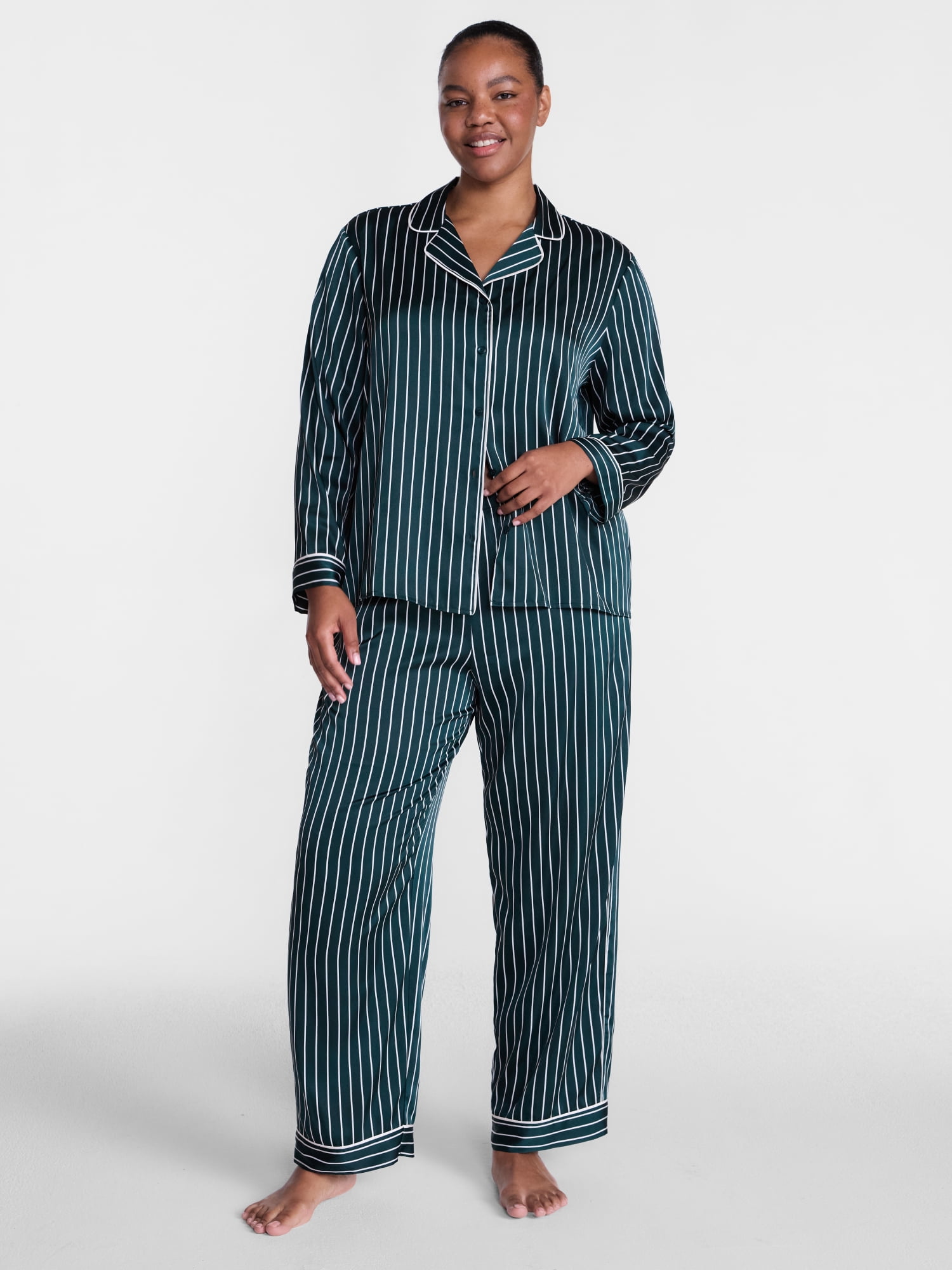 Joyspun Women’s Stretch Satin Sleep Top and Pants, 2-Piece Set, Sizes XS to 3X