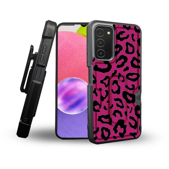 ANJ  Rugged Shockproof Holster Case Card Slot Kickstand   Tempered Glass Cover for Samsung Galaxy A03s - Hot Pink Leopard