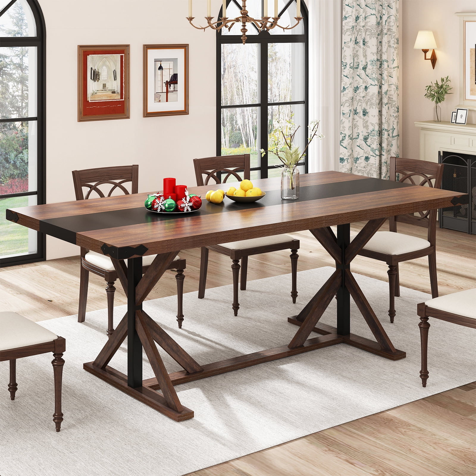 Blotout 71" Modern Farmhouse Dining Table for 6-8 Person, Rectangular Wood Dining Table with Adjustable Feet, Kitchen Table for Dining Room, Gathering, Kitchen (Brown)