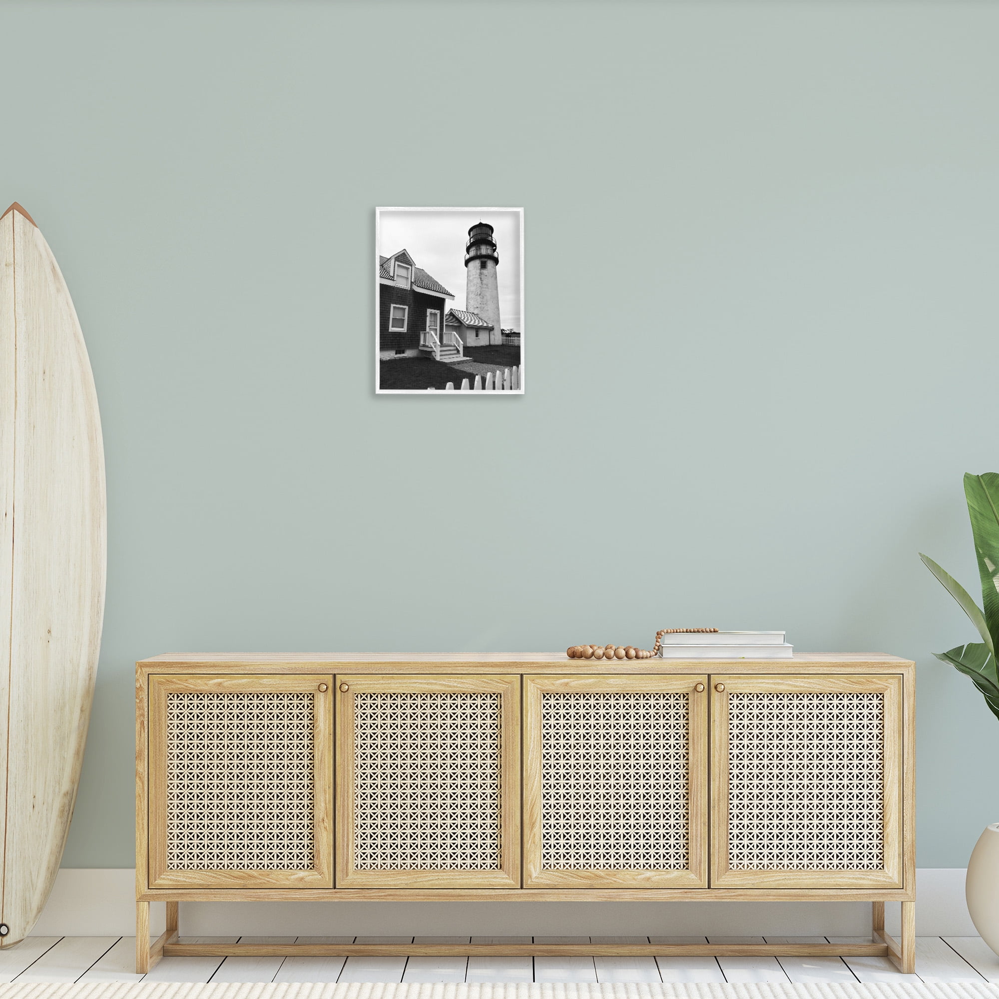 Stupell Industries Coastal Lighthouse with Fence Nature Photography White Framed Art Print Wall Art, 16 x 20