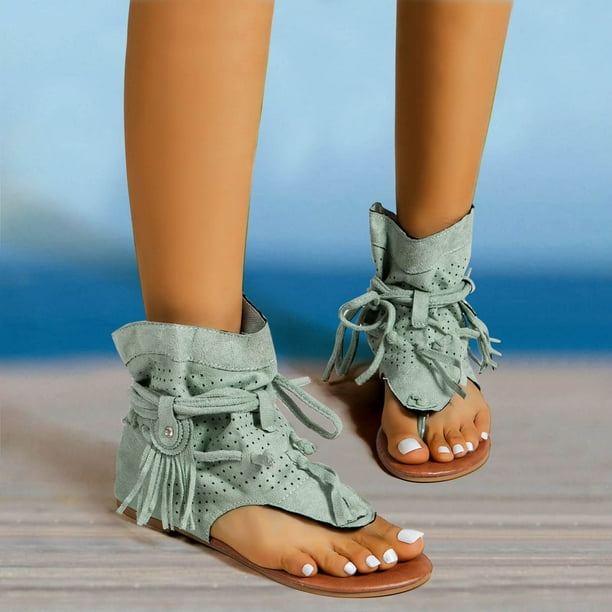 Aayomet House Womens Shoes Summer Retro Fashion Flat Bottom Tassel Hollow Toe Women's Sandals,Green 9 - Walmart.com