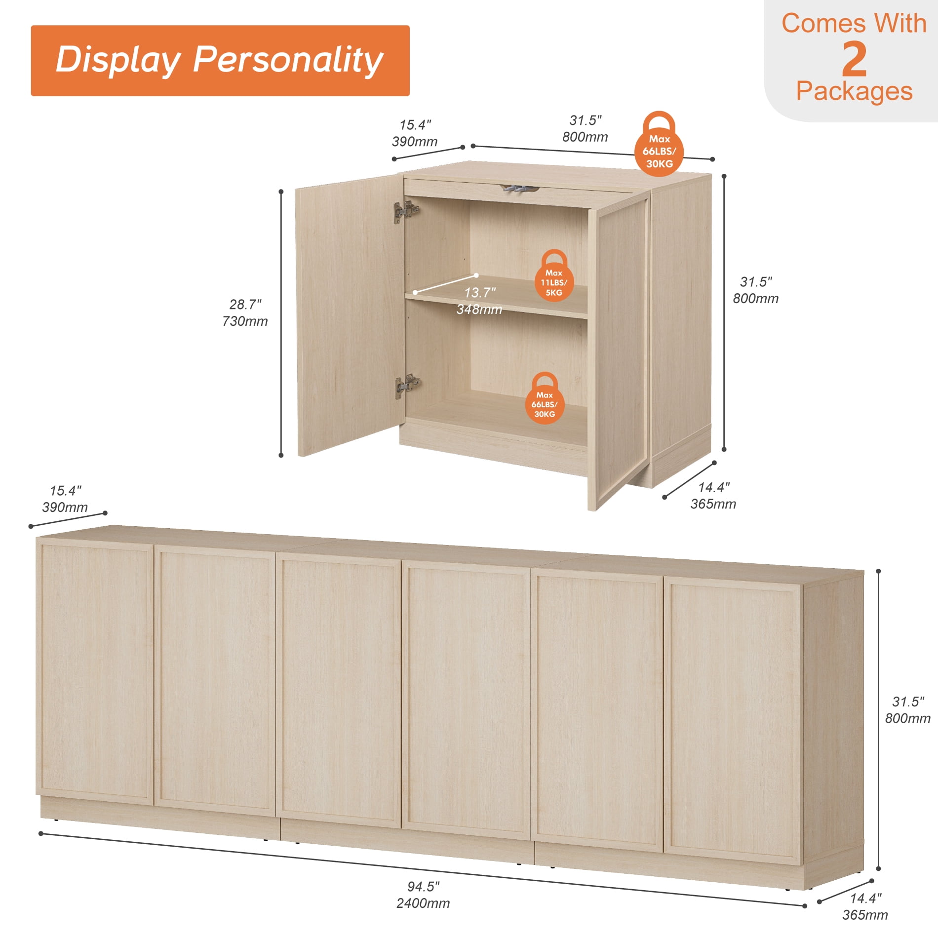 94.5" Modern Sideboard Buffet Cabinet with 6 Doors, Multifunctional Sideboard with Large Storage and Adjustable Shelf, Beige