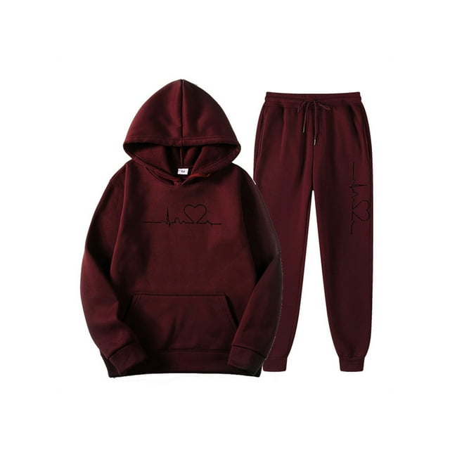 MAWCLOS Women Sweatsuits Hoodies Two Piece Outfit Drawstring Tracksuit Sets Casual Fitness Long Sleeve Jogger Set Wine Red S