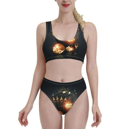 Bixox Creative Poker Pattern Two-Piece Sports Bikini with U-Shaped Top and High-Waist Bottom - Women s Swimwear with Removable Bra Pads