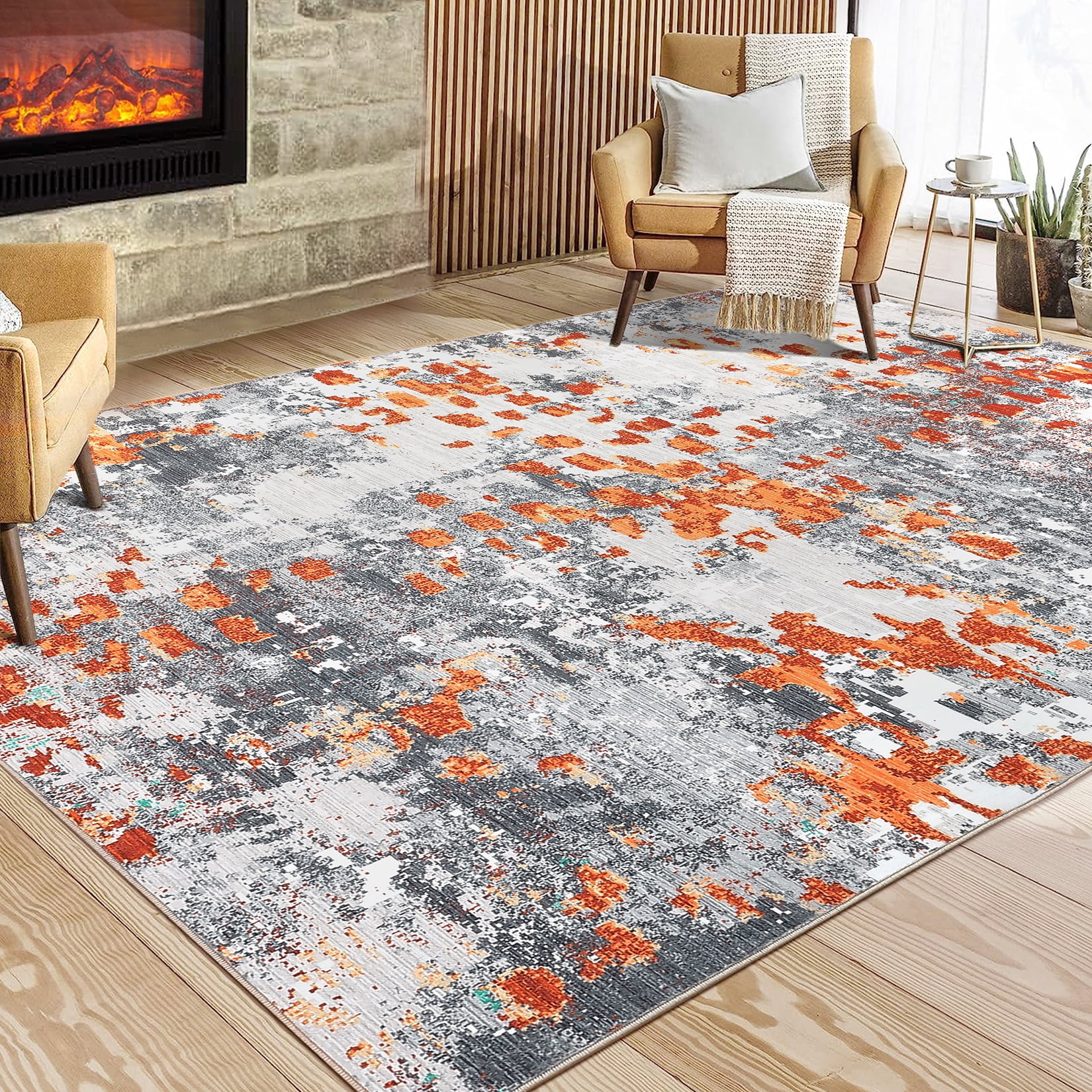 Tzou Super Soft Modern Abstract Area Rugs 4x6ft, Washable Carpet for Living Room Bedroom, Colorful Non-Slip Indoor Floor Mat, Low Pile(Orange/Grey)