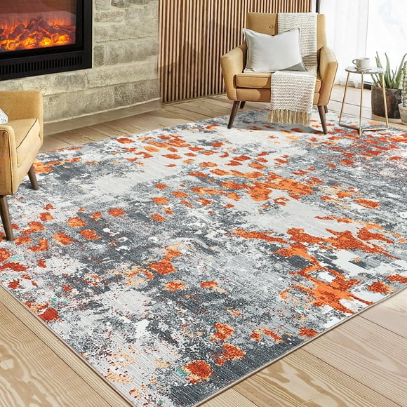 HOMERRY Tapis Antidérapant pour Salon 5 Pieds x 7 Pieds Tapis à Poils Courts Abstrait, Orange/gris
