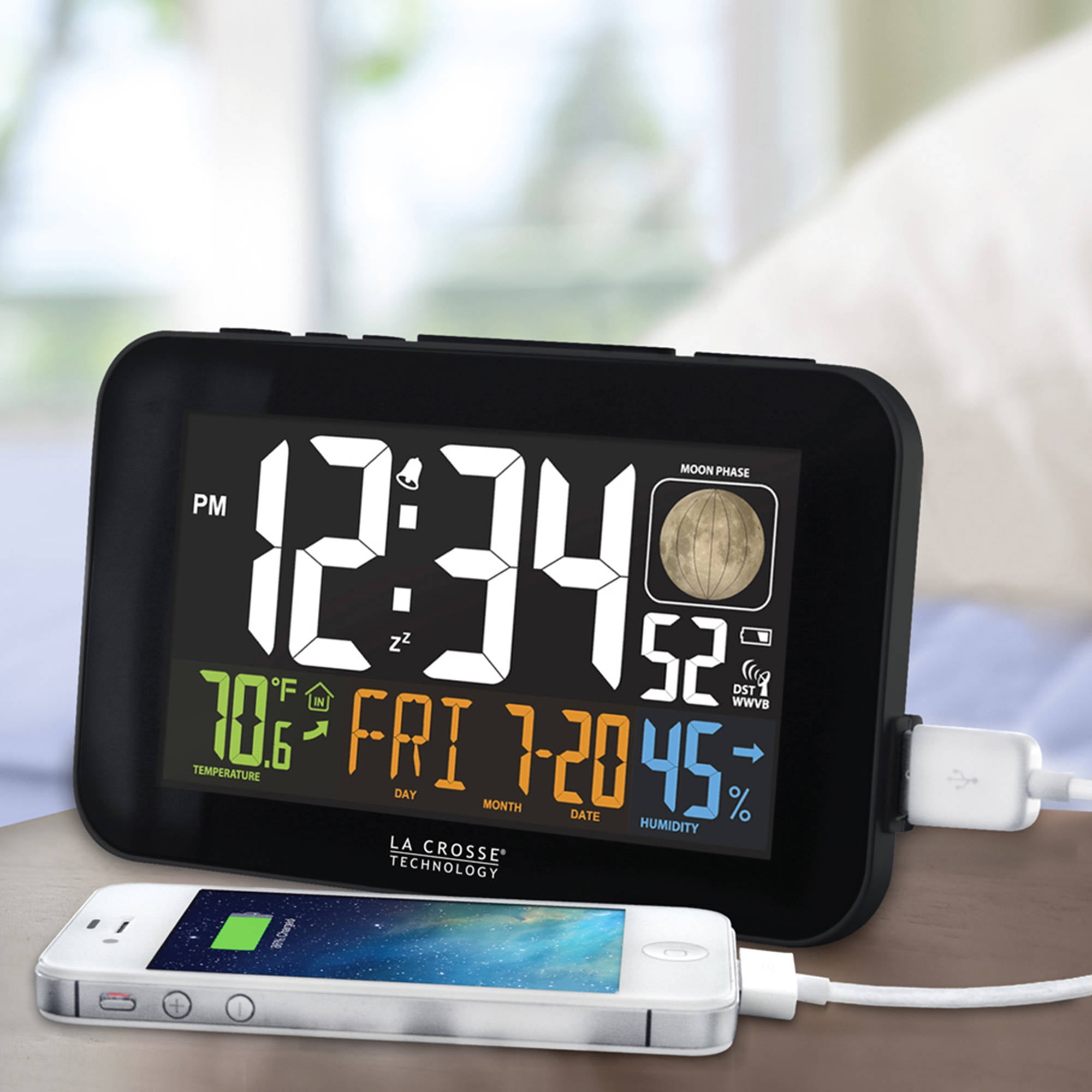 La Crosse Technology Color LED Alarm Clock with USB charging port, Black, 617-1485B