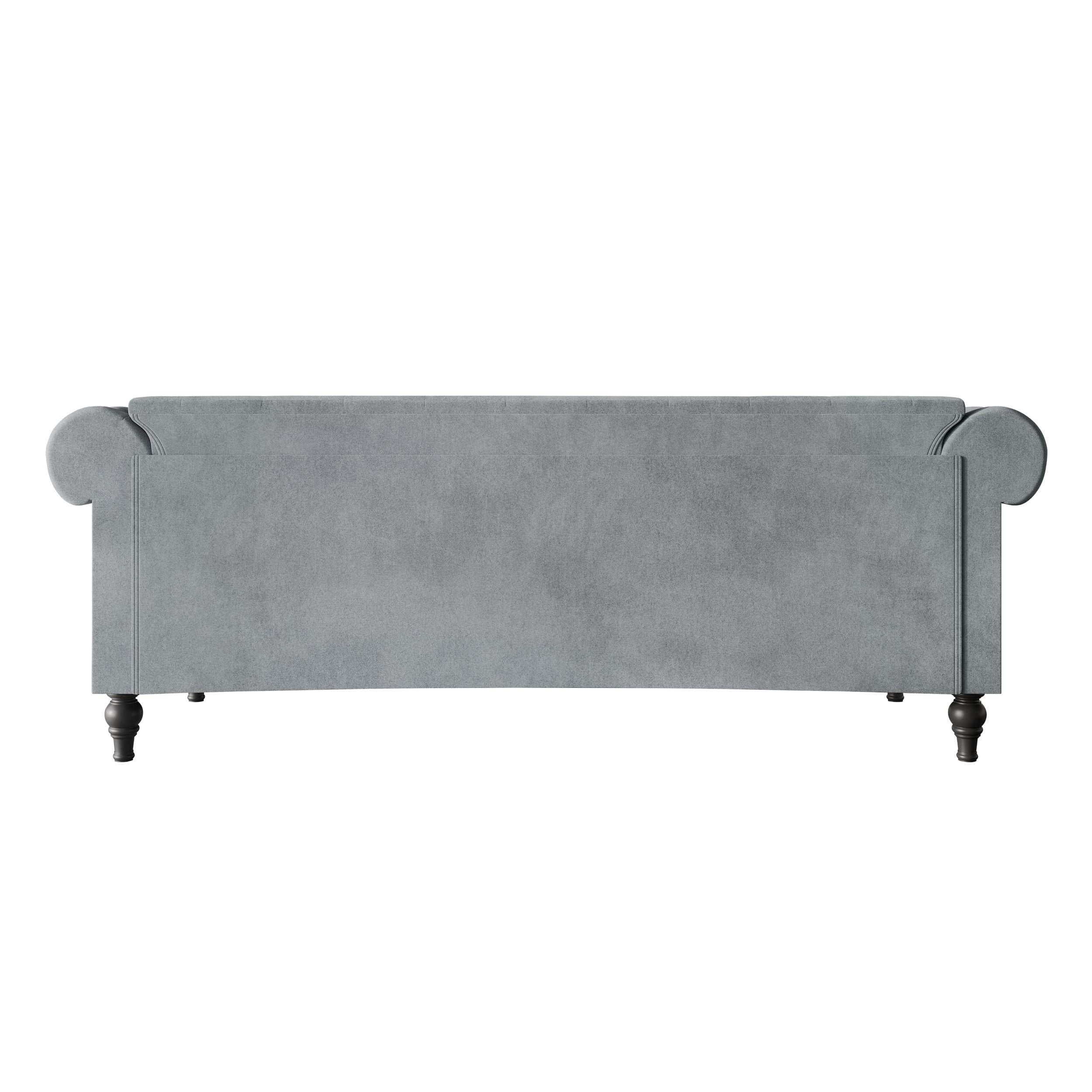 Home Design Kelso Velvet Rolled Arm Sofa with Deep Button Tufting, Nailhead Trim and Turned Legs, Gray