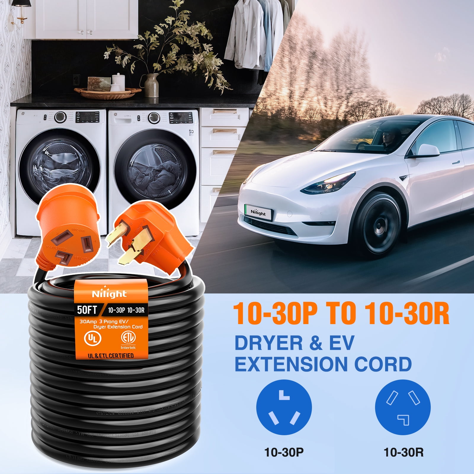 Nilight 50FT EV Dryer Extension Cord 3 Prong 30 Amp NEMA 10-30P 10-30R Old Dryer Extension Cable Heavy Duty 10 Gauge Pure Copper Wire UL Listed 125/250V for Level 2 EV Charging