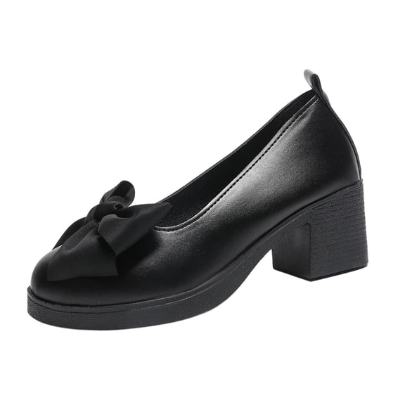 Black Women Chunky Heel Pumps With T-Strap Buckle And Bow Detail For Casual And Work Outfits