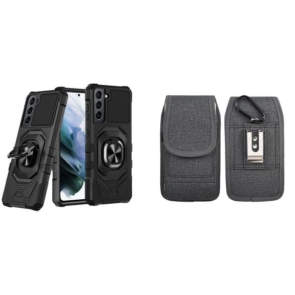 Case with Belt Holster Bundle for Samsung Galaxy S22 Ultra: Heavy Duty Shield Cover (Black) and Vertical Phone Pouch Nylon Fabric (Grey)