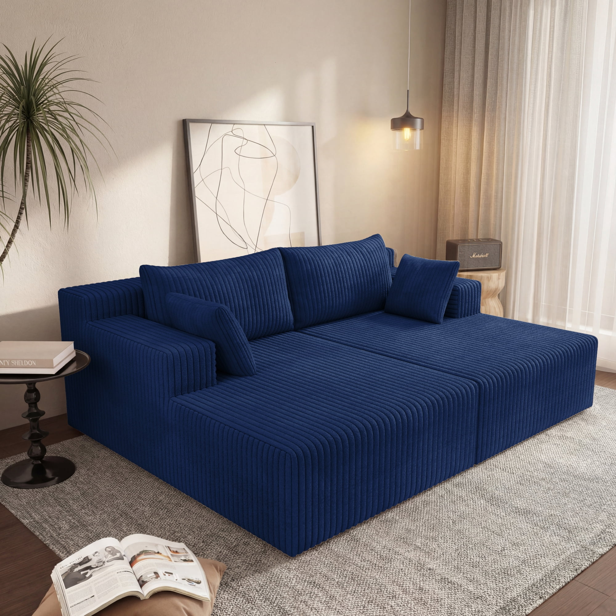 HOQBN 71" Oversized Double Chaise Lounges Indoor,Upholstered Corduroy Boneless Couch with 4 Pillows,Reading Lazy Cloud Plush Sofa Bed for Living Room, Bedroom,No Assembly,Aged Blue