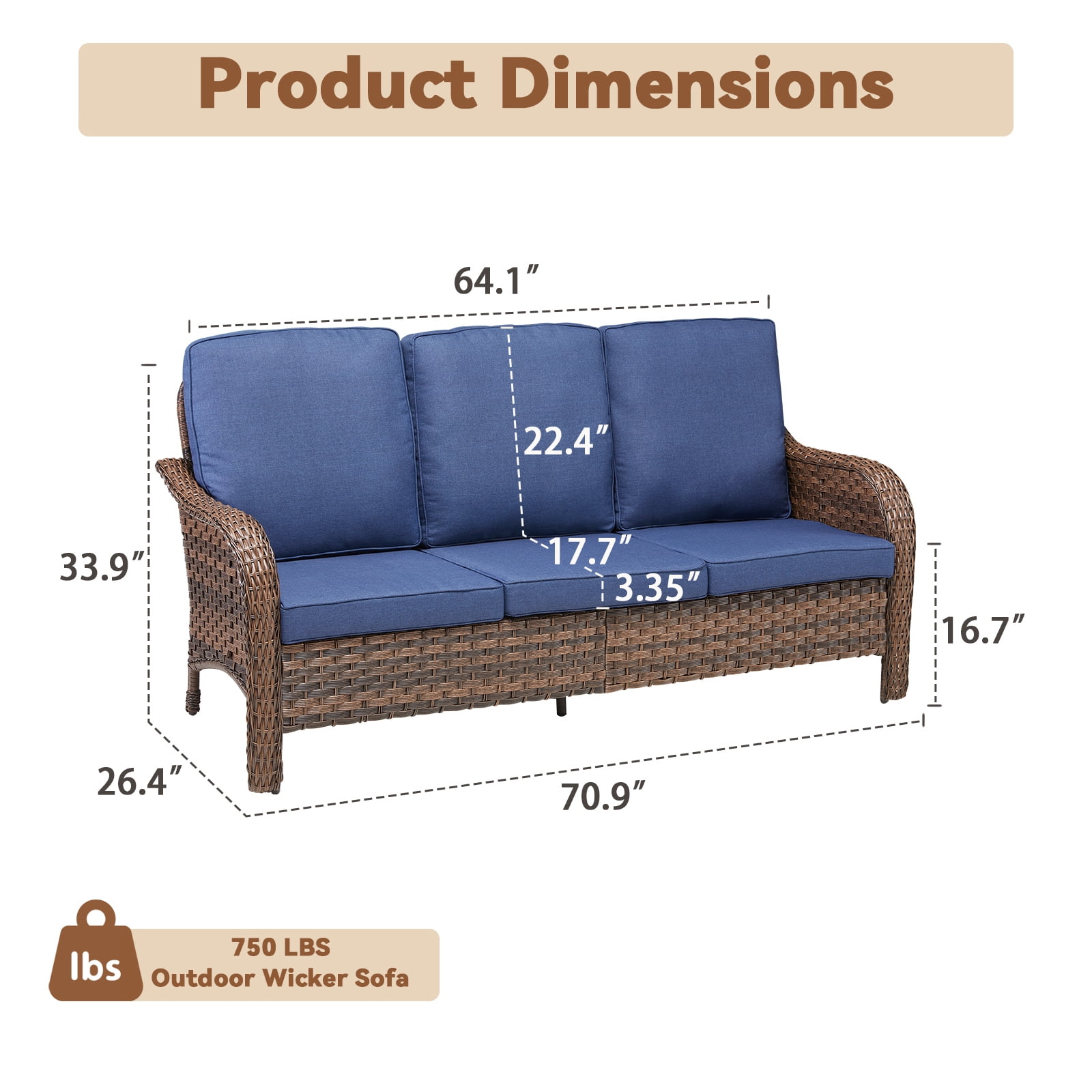 Hommoo 70.9" PE Wicker Rattan Outdoor Patio Furniture Sofa Couch, 3 Seat Patio Sofa with Cushions, Blue