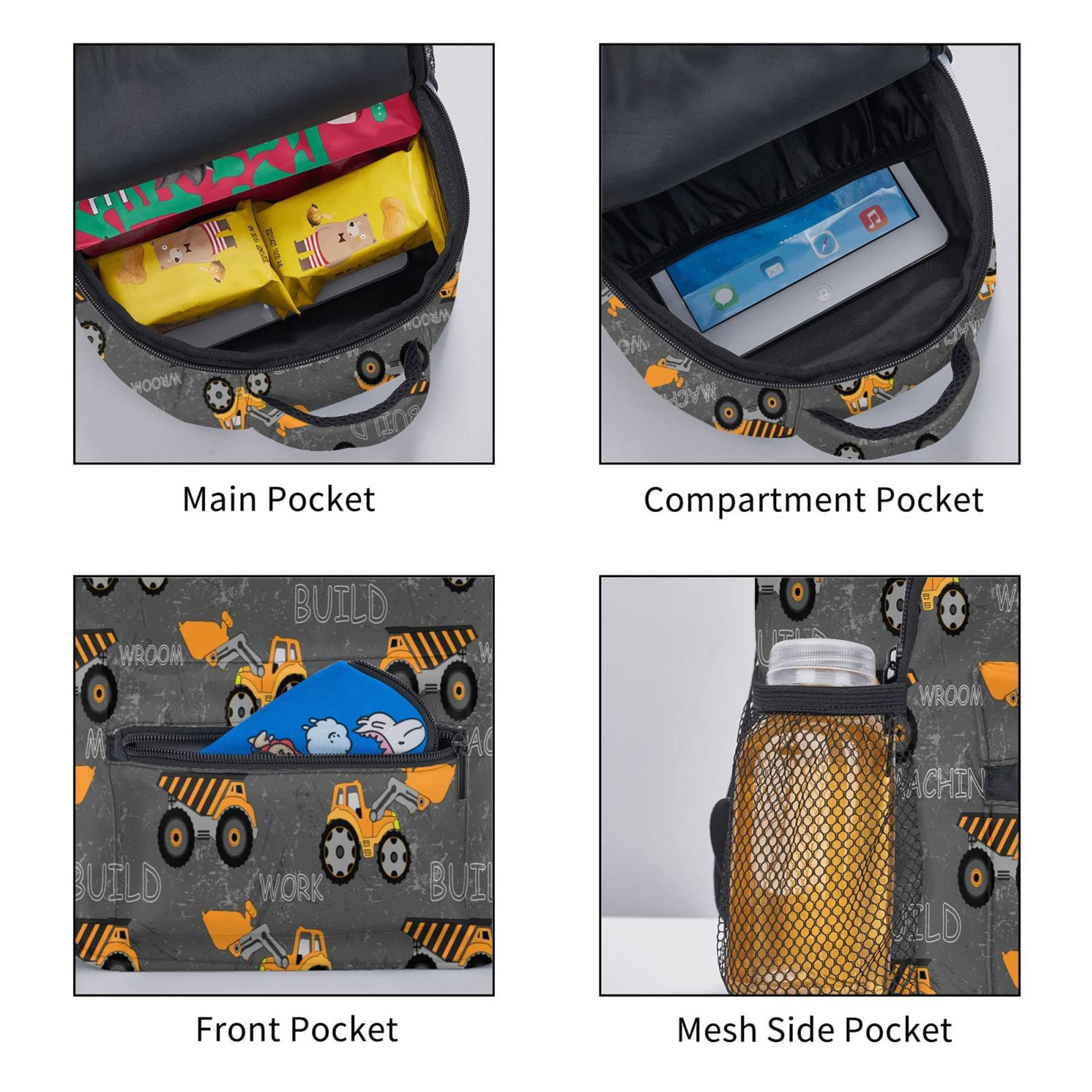 PAYOHTO Toddler Backpack for Boys Construction Machines Cars Truck Tractor Kids Backpack Preschool Bookbag Kindergarten Mini Travel School Bag for Age 3-8