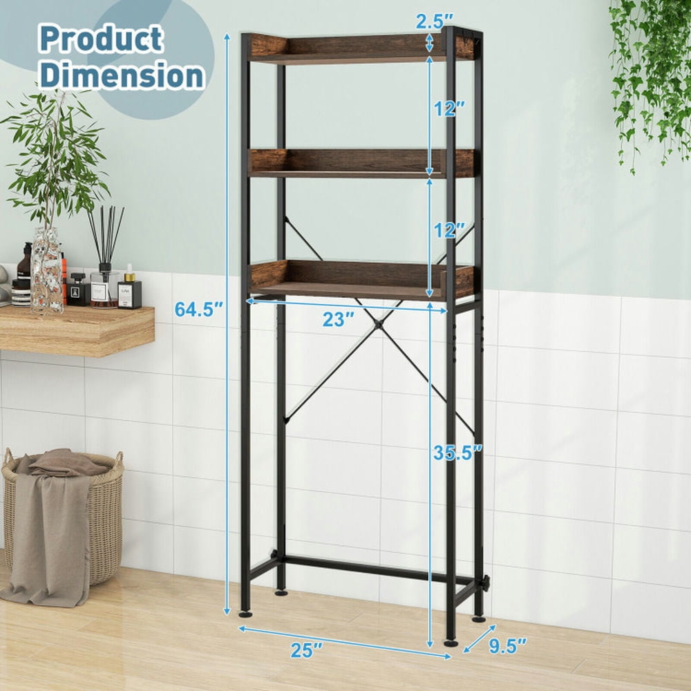 Finihen Toilet Storage Rack, Toilet Storage Shelf, Over The Toilet Storage Rack with Hooks and Adjustable Bottom Bar, for Bathroom, Rustic Brown