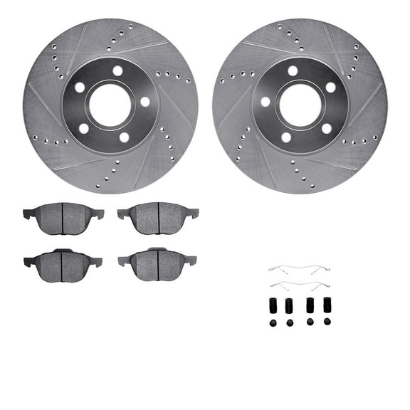 Dynamic Friction Company Front Brake Rotors-Drilled and Slotted-Silver with 5000 Advanced Brake Pads includes Hardware 7512-54073