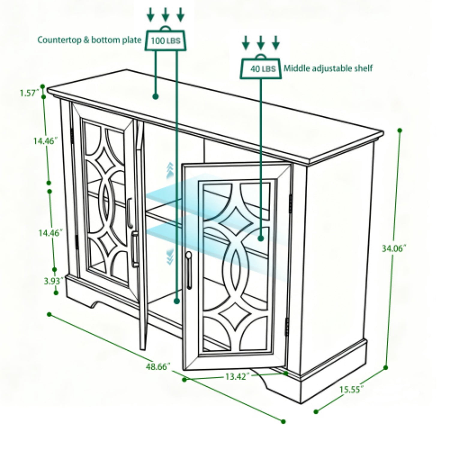 48.66" 3-Door Glass Sideboard Buffet Cabinet, MDF Storage Credenza with Adjustable Shelf, Tempered Glass Display Cabinet for Dining Room Kitchen Living Room, Dark Oak