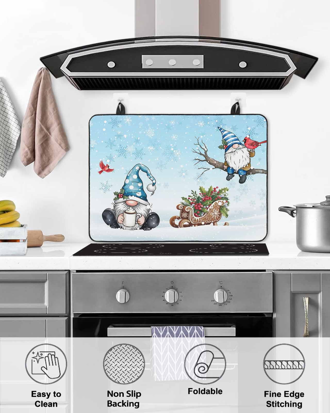Large Induction Cooktop Protector Mat Blue Christmas Stove Top Covers for Electric Stove, Winter Gnomes Snowflakes Cardinal Holly Decorative Stove Burner Cover Mats, Glass Top Stove Cover