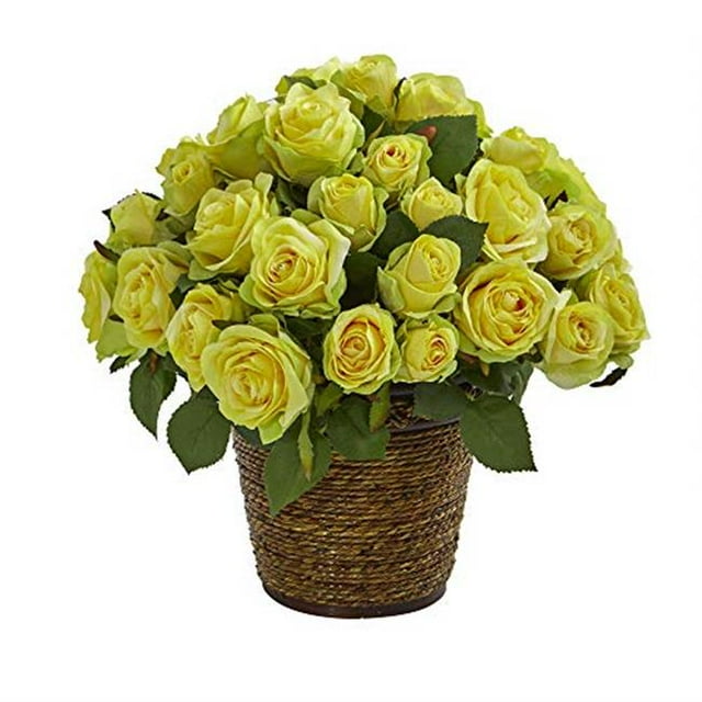 Nearly Natural A1098-YL Rose Artificial Arrangement in Basket - Yellow