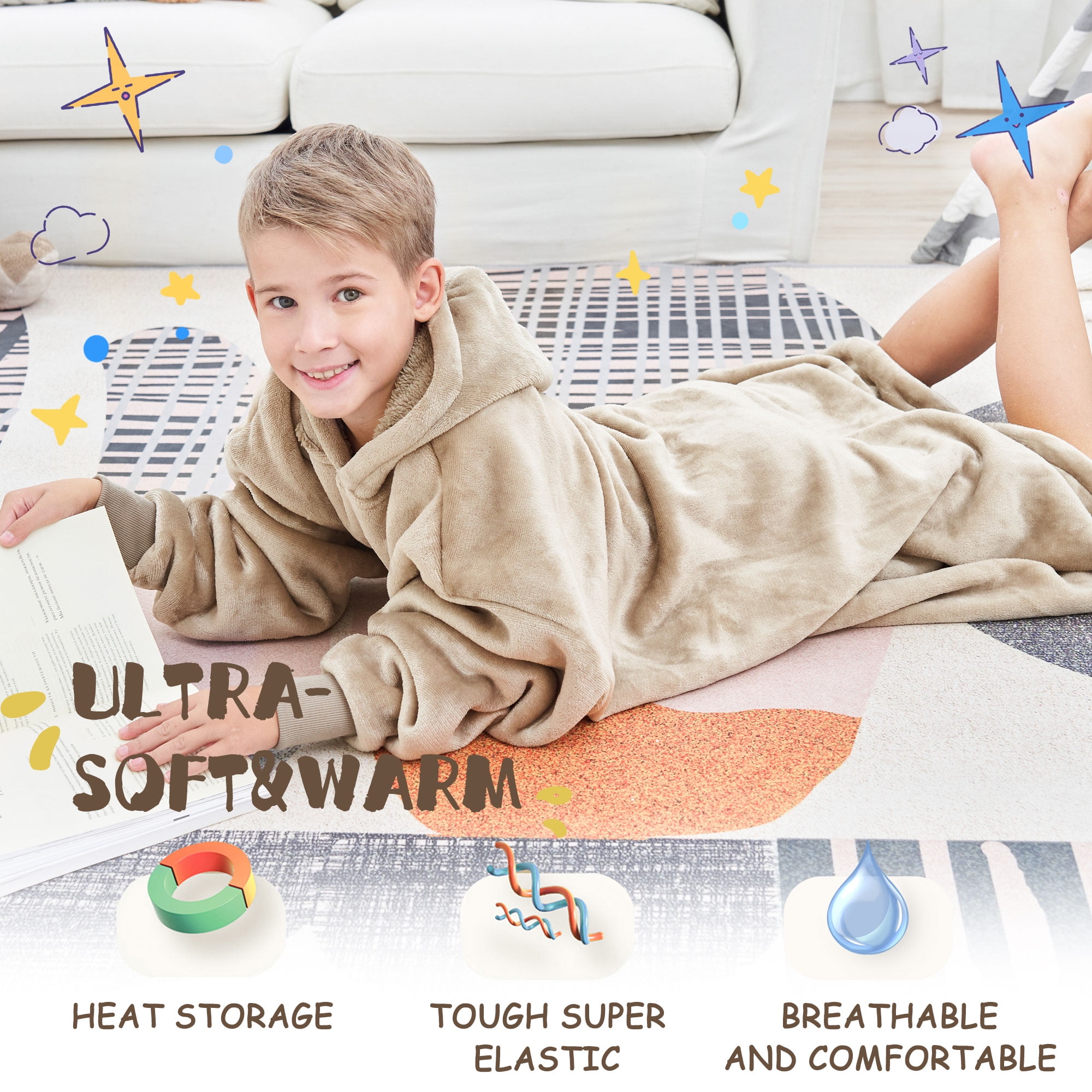 REDESS Oversized Wearable Blanket Hoodie Sweatshirt for Unisex Boy and Girl-Brown