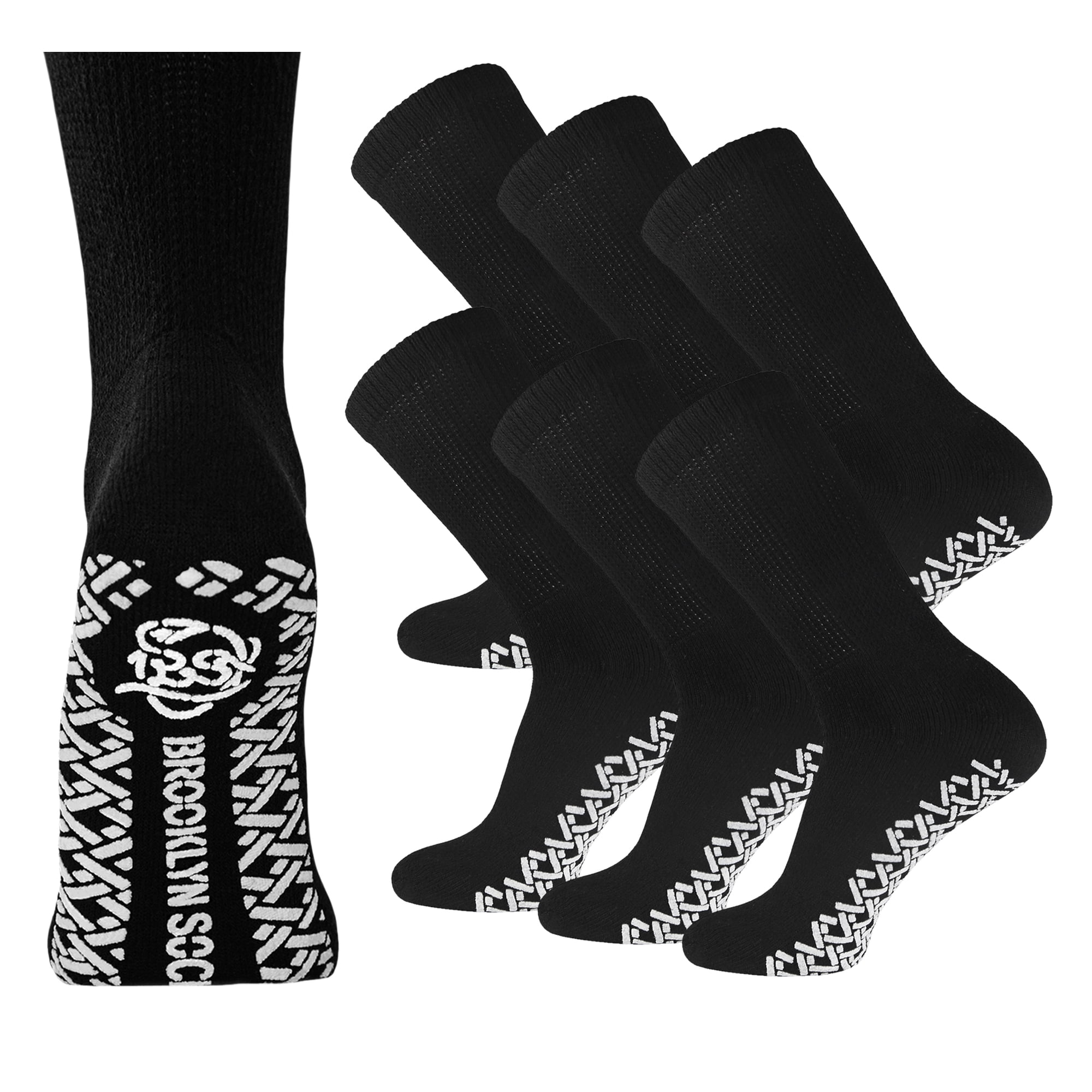 6 Pairs of Non-Skid Diabetic Cotton Crew Socks with Non Binding Top (Black, Sock Size 10-13, Fits US Men's Shoe Size 9-10.5)