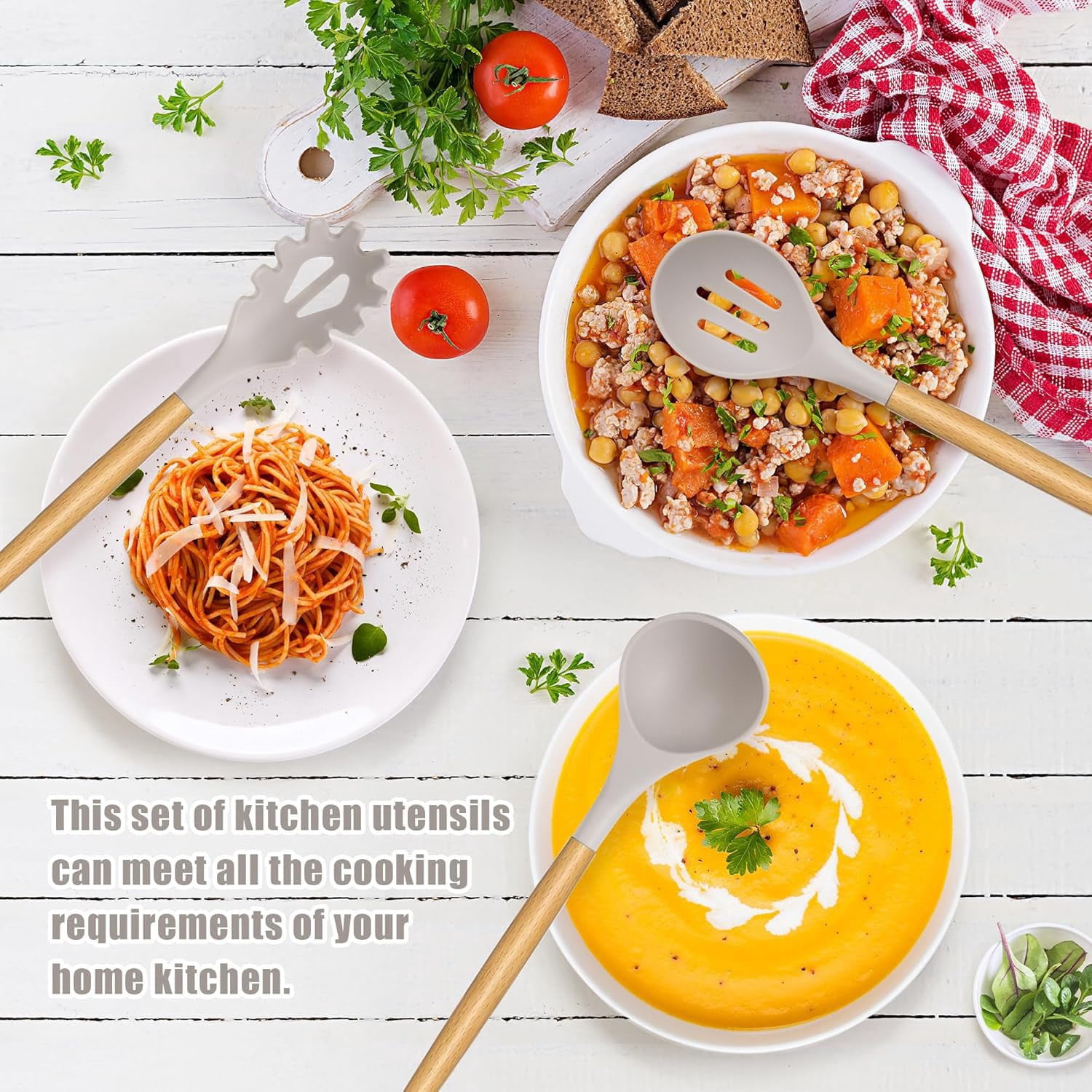 12-Piece Silicone Cooking Utensils Set with Wooden Handles, Heat Resistant Non-Stick Kitchen Gadgets (Khaki)