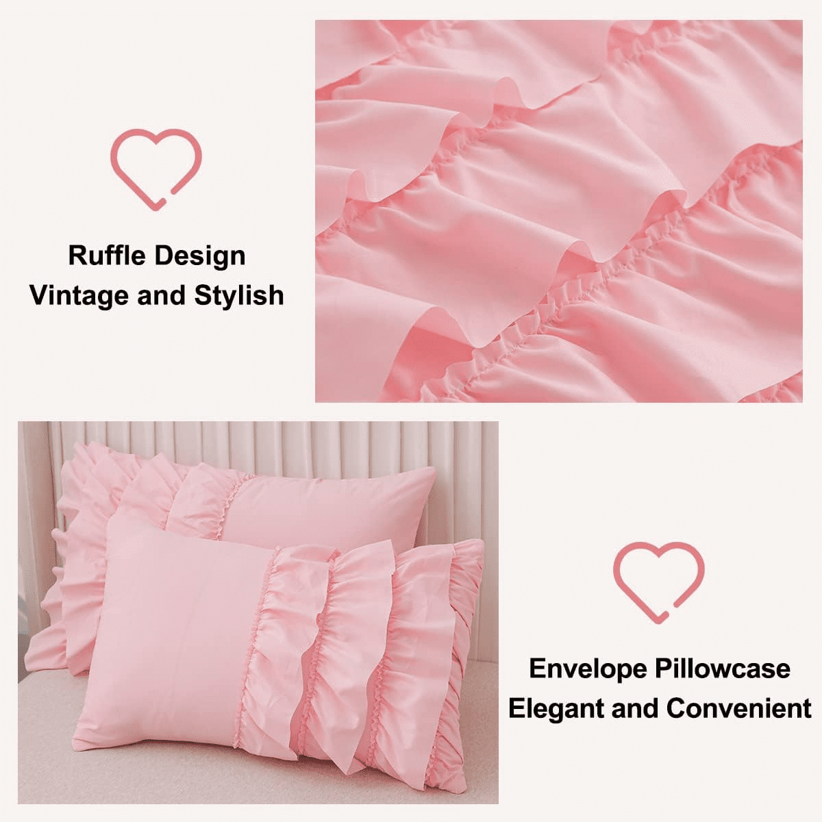 Btargot 3PC Waterfall Ruffled Princess Comforter Set Twin Soft Chic Bedding Set for Kids Girls Pink