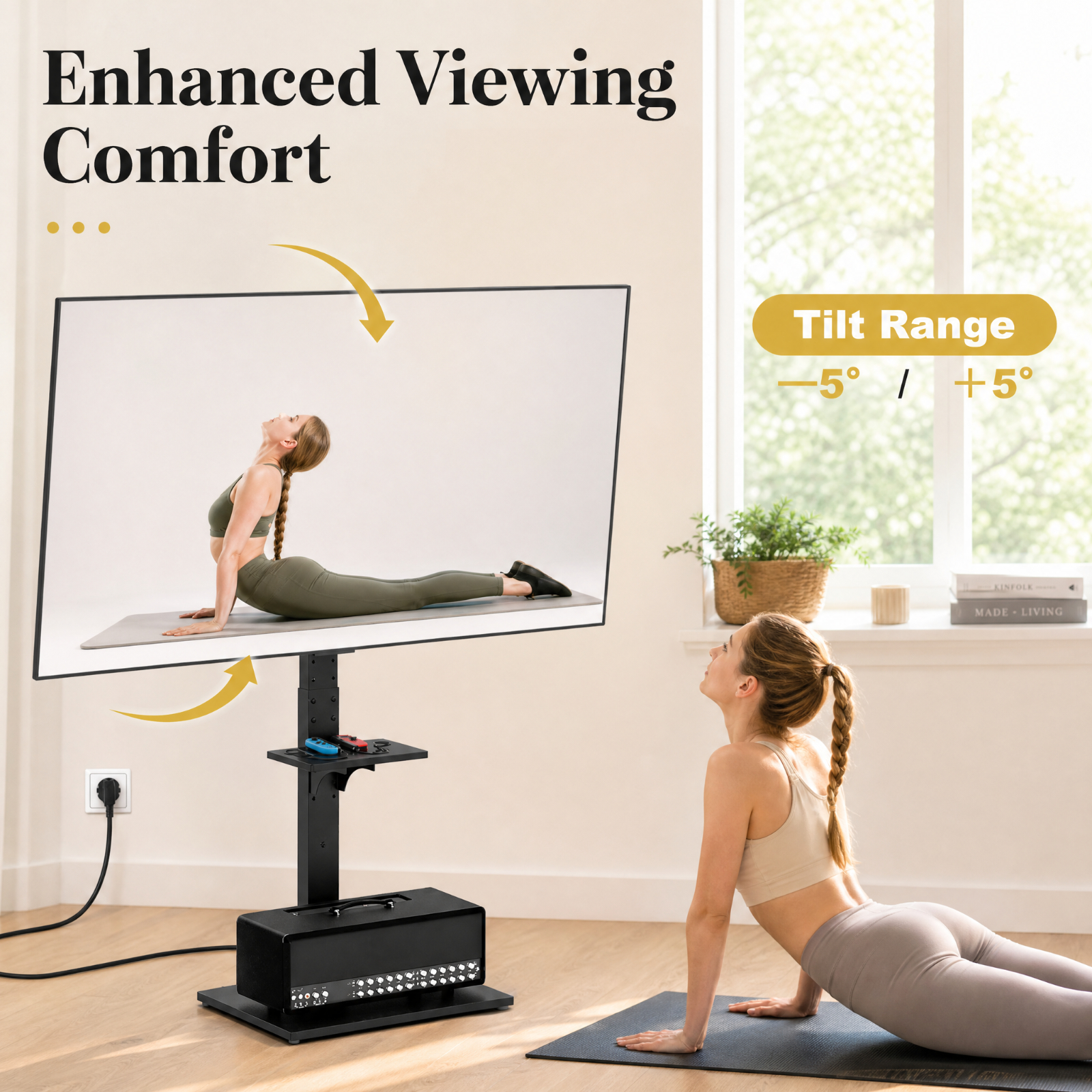 Furnibear Tilt and Height Adjustable Floor TV Stand with Power Outlet and Adjustable AV Shelf for Living Room Bedroom Media Console, Black