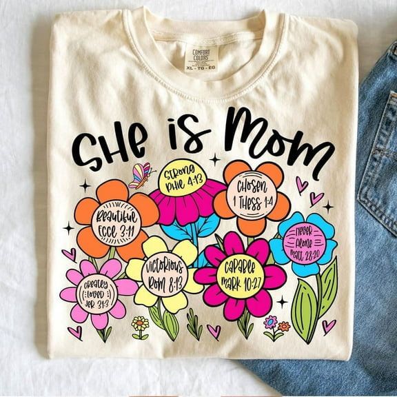 She Is Mom T-Shirt, Christian Boho Floral Mama Tee, Wildflower Bible Verse Shirt, Mother’s Day Gift for Mom
