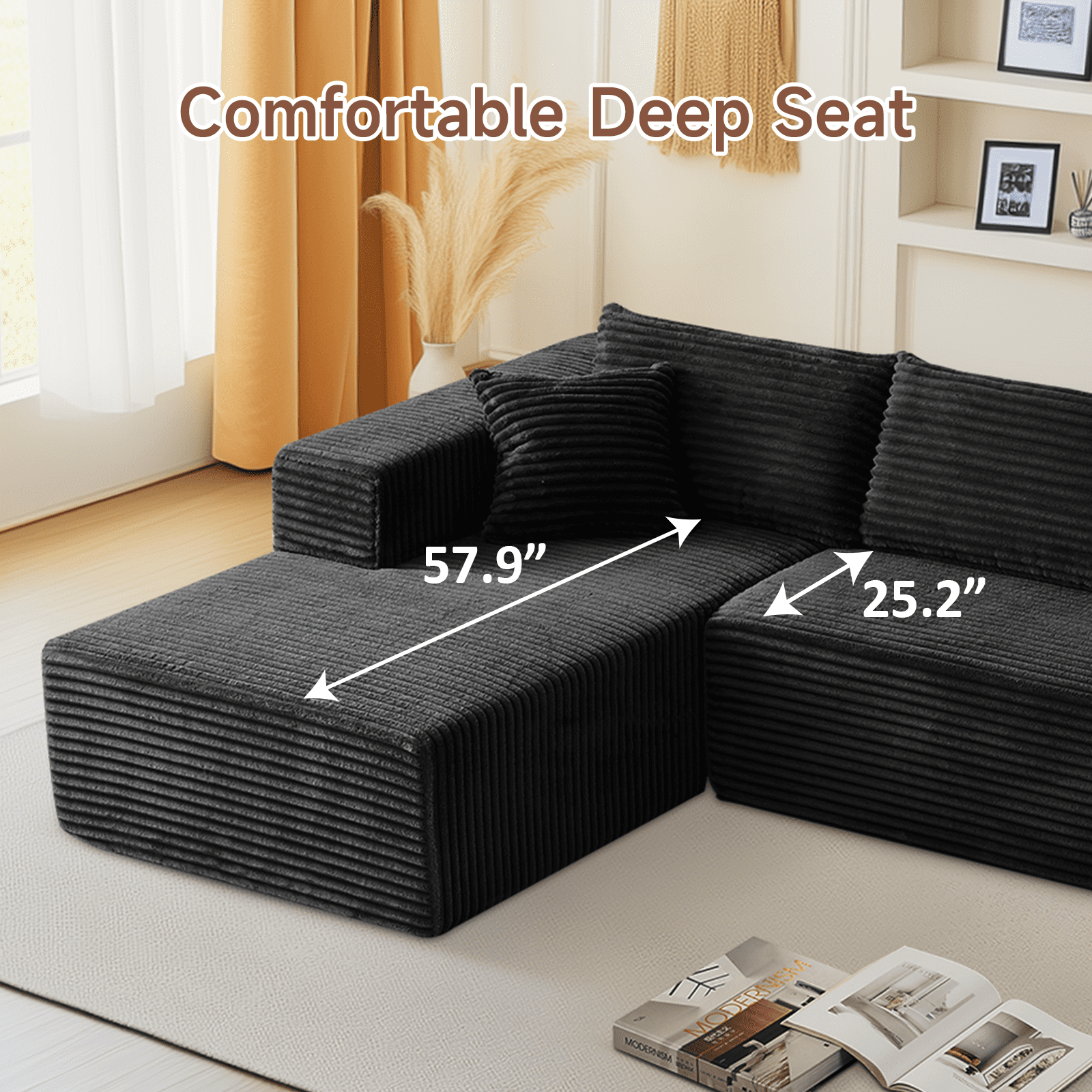 104" Flannel Sectional Sofa, L-Shaped Modern Modular High-Density Sponge Corner Sofa with Chaise Lounge & Pillows, Upholstered Cloud Couch for Living Room Bedroom Apartment